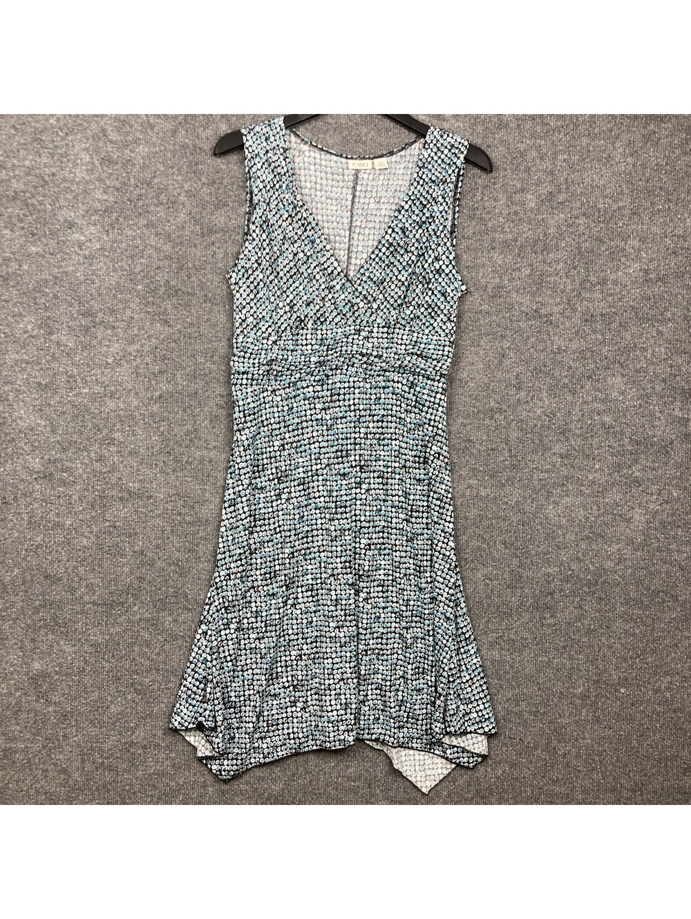 Cato Womens Size Large Black Teal Pattern Flair Tie Waist V-Neck Tank Dress EUC